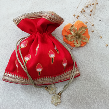 Load image into Gallery viewer, Festive Potli Bags-Printed Raw Silk Fabric